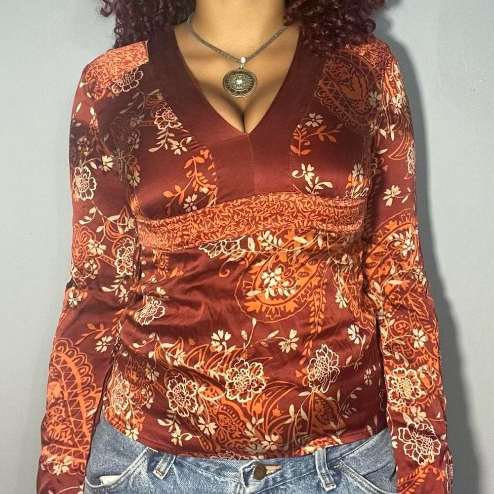 burnt orange paisley top with waist tie